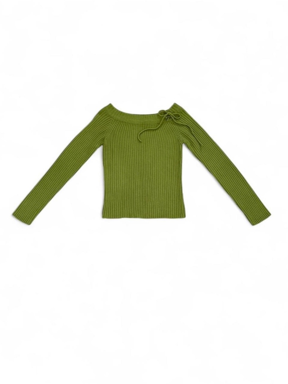 Chesley Olive Green Off-Shoulder Ribbed Tie Sweater